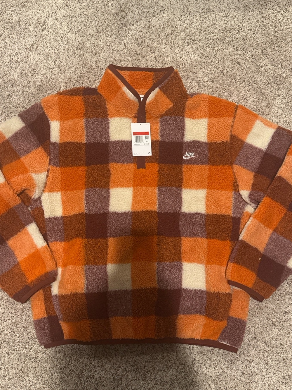 Nike Orange and Brown Plaid Sherpa Zip Pullover